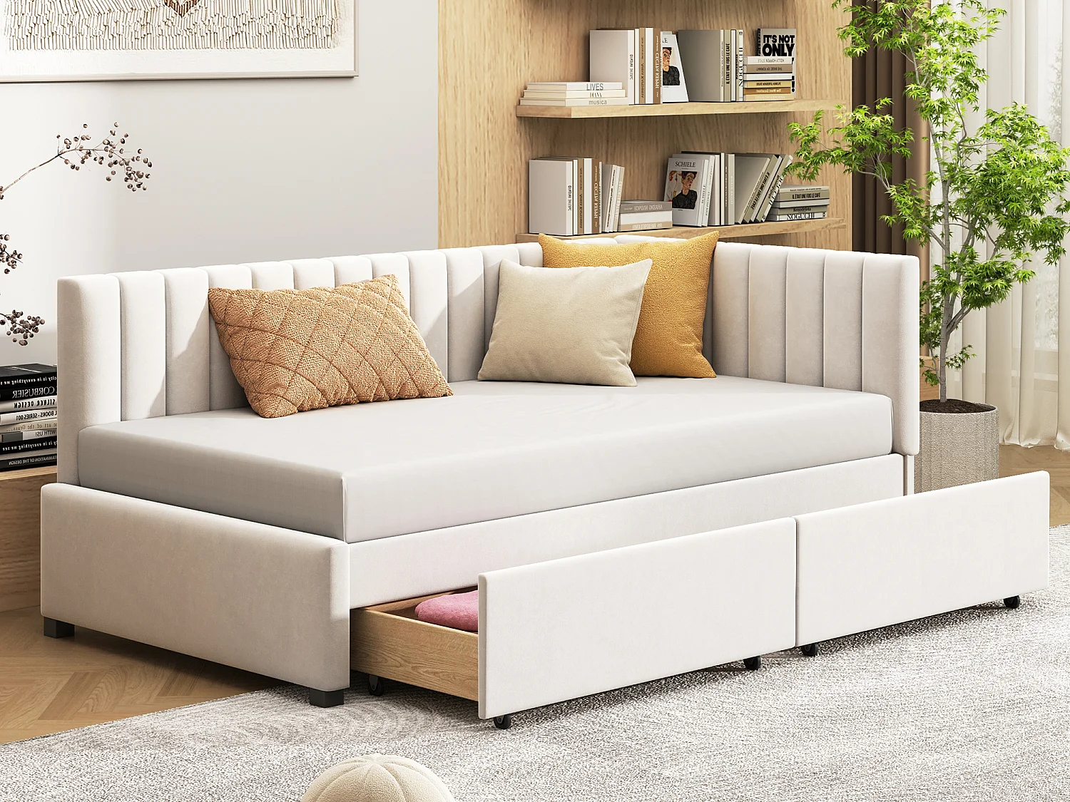 Polsterbett 90 x 200 cm – Schlafsofa mit 2 Schubladen – Samt – Beige