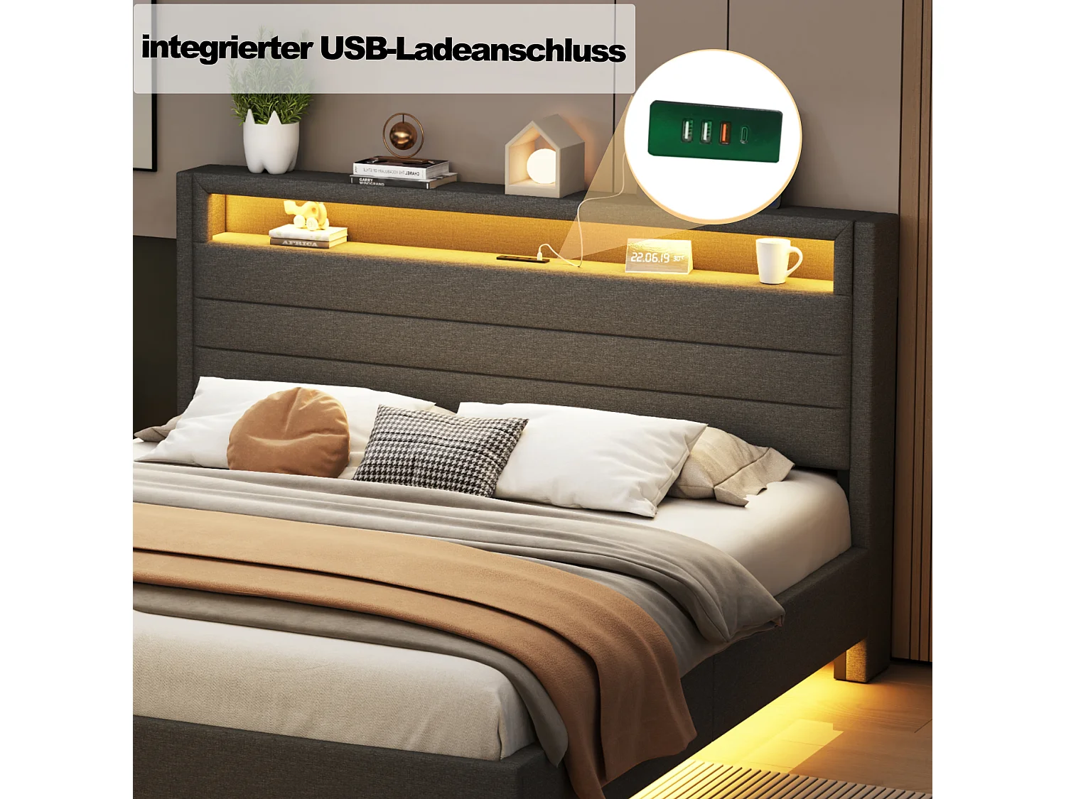 Lit capitonné 140 x 200 cm - prise USB + LEDs - tête de lit réversible - tissu lin - gris