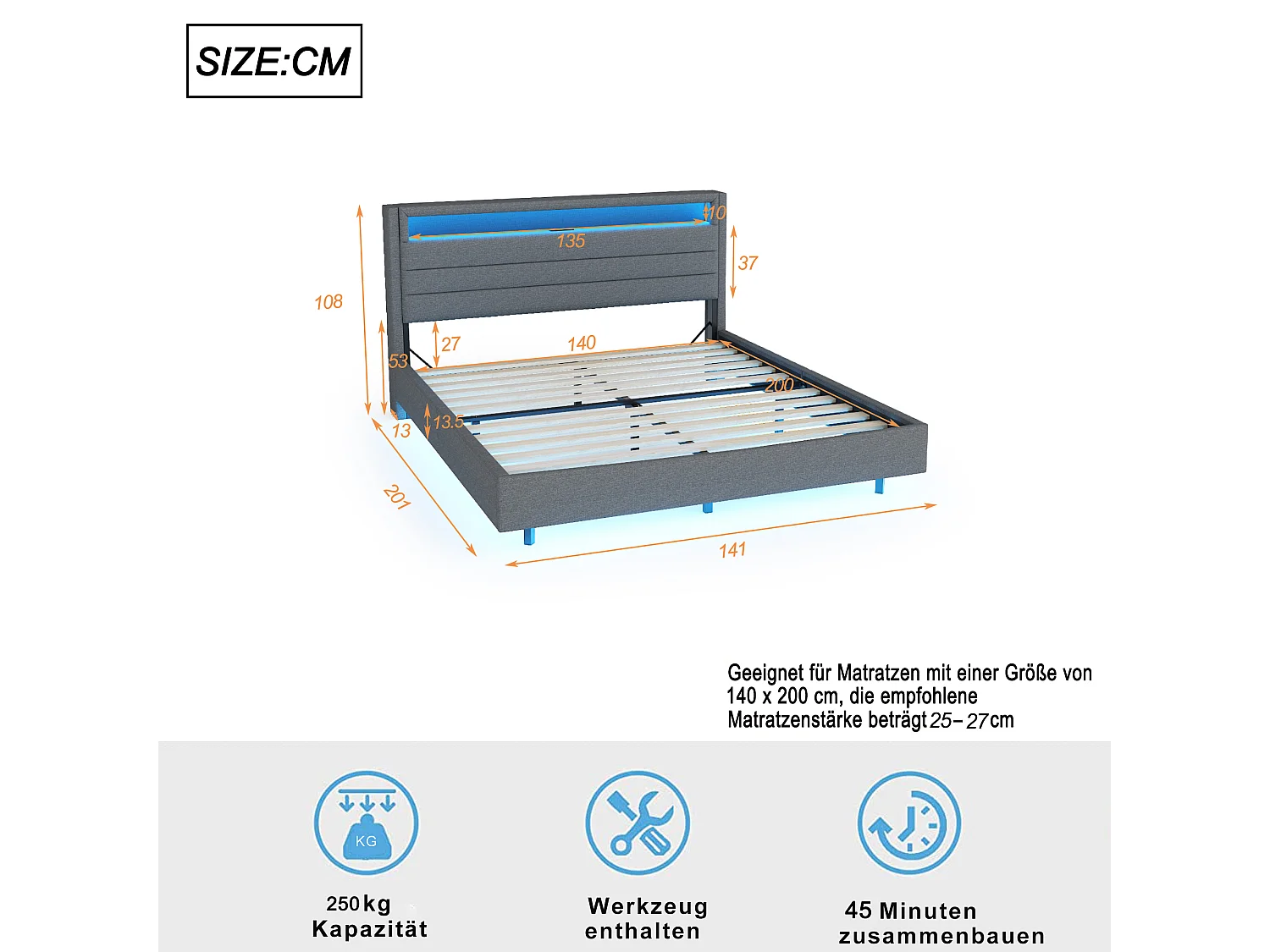 Lit capitonné 140 x 200 cm - prise USB + LEDs - tête de lit réversible - tissu lin - gris