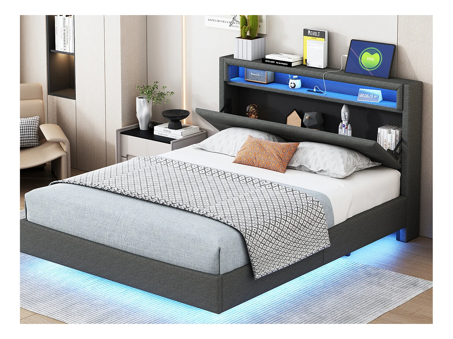 Lit capitonné 140 x 200 cm - prise USB + LEDs - tête de lit réversible - tissu lin - gris