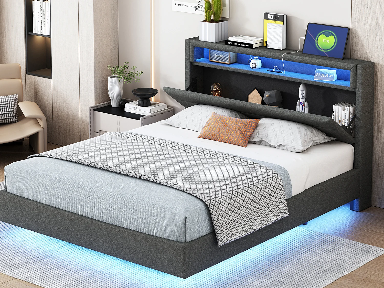 Gestoffeerd bed 140 x 200 cm - USB-aansluiting + LED's - omkeerbaar hoofdeinde - linnen stof - grijs