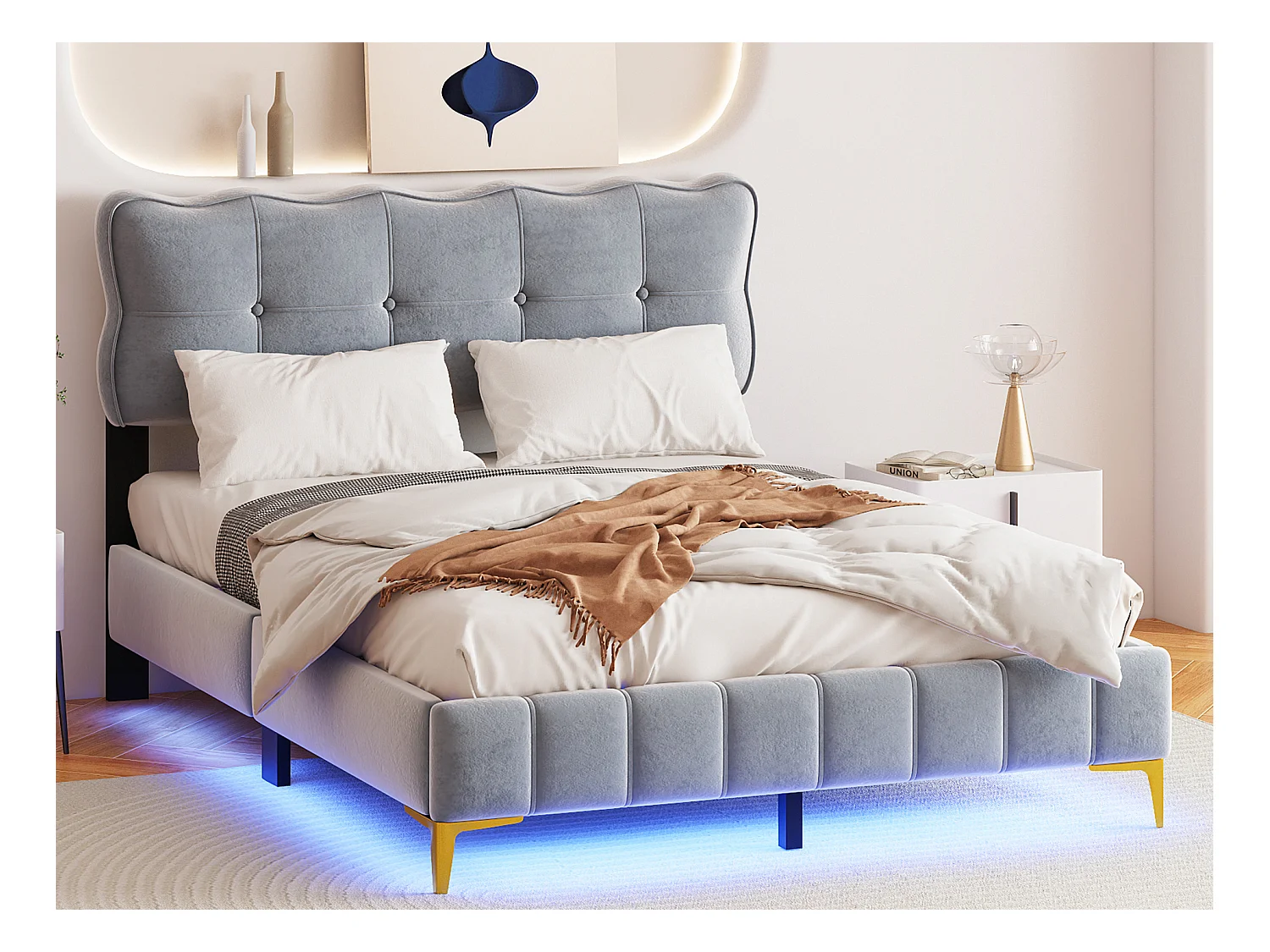 Lit capitonné 140 x 200 cm avec tête de lit - LEDs - Velours - Gris