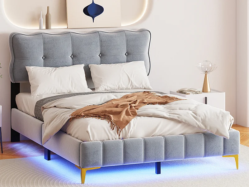 Polsterbett 140 x 200 cm mit Kopfteil – LEDs – Samt – Grau