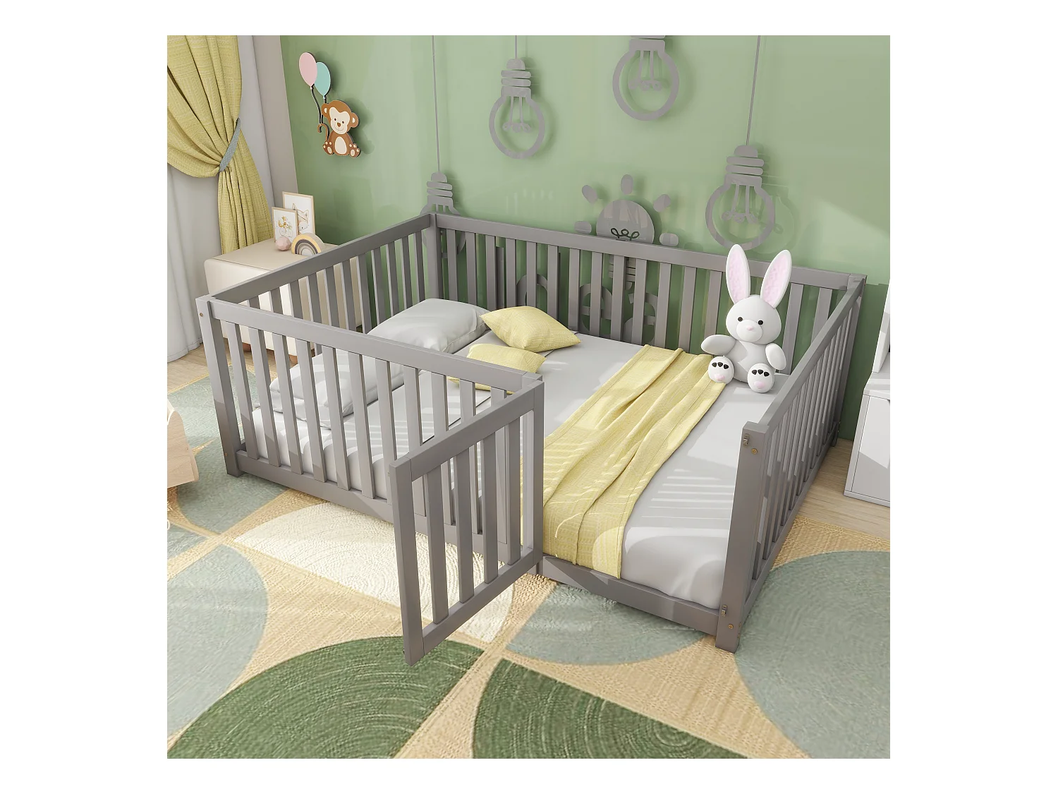 Lit enfant 140 x 200, cadre de lit parquet avec barrière et porte, gris