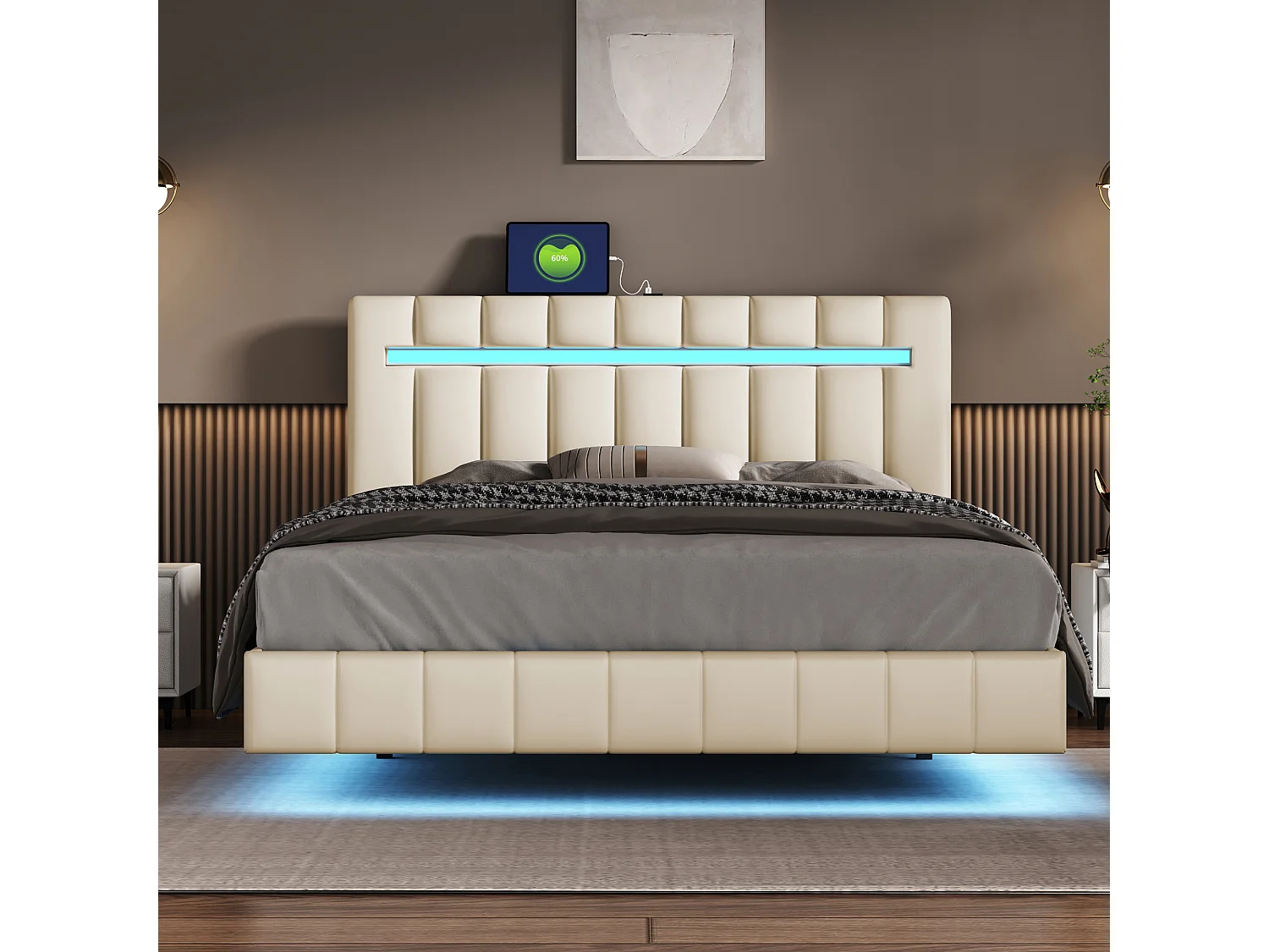 Lit capitonné 140 x 200 cm avec tête de lit - LEDs - Tissu en lin - Beige