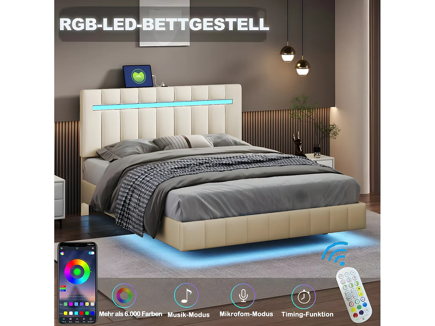 Lit capitonné 140 x 200 cm avec tête de lit - LEDs - Tissu en lin - Beige