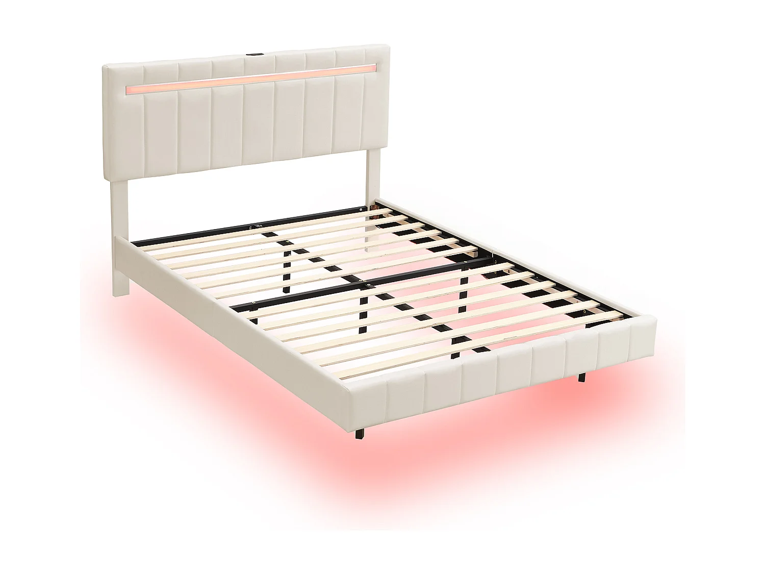 Lit capitonné 140 x 200 cm avec tête de lit - LEDs - Tissu en lin - Beige