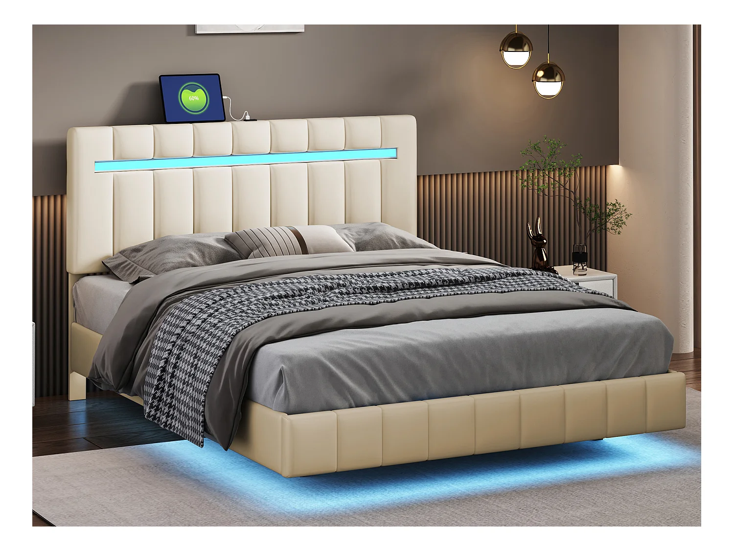 Lit capitonné 140 x 200 cm avec tête de lit - LEDs - Tissu en lin - Beige