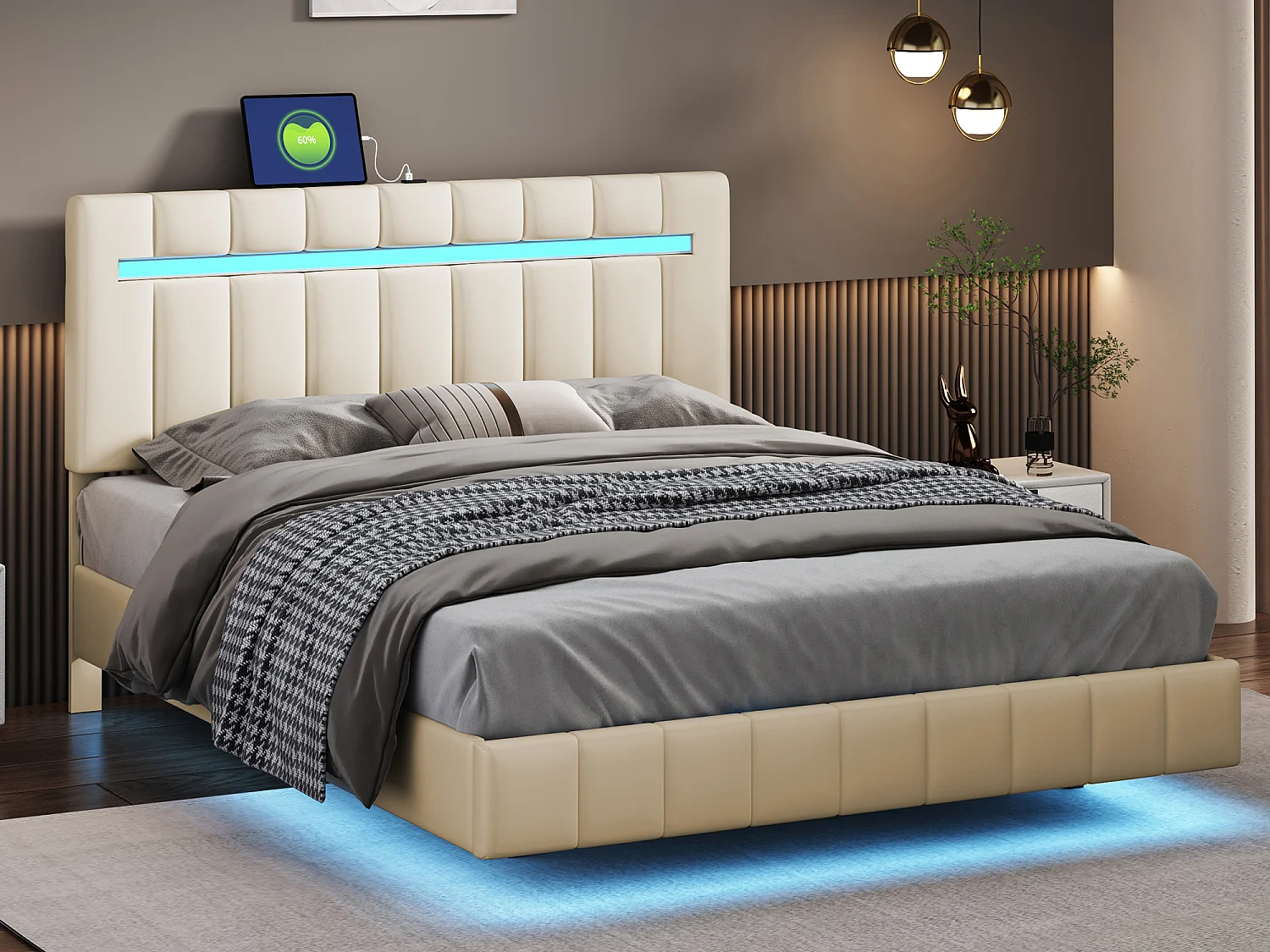 Lit capitonné 140 x 200 cm avec tête de lit - LEDs - Tissu en lin - Beige