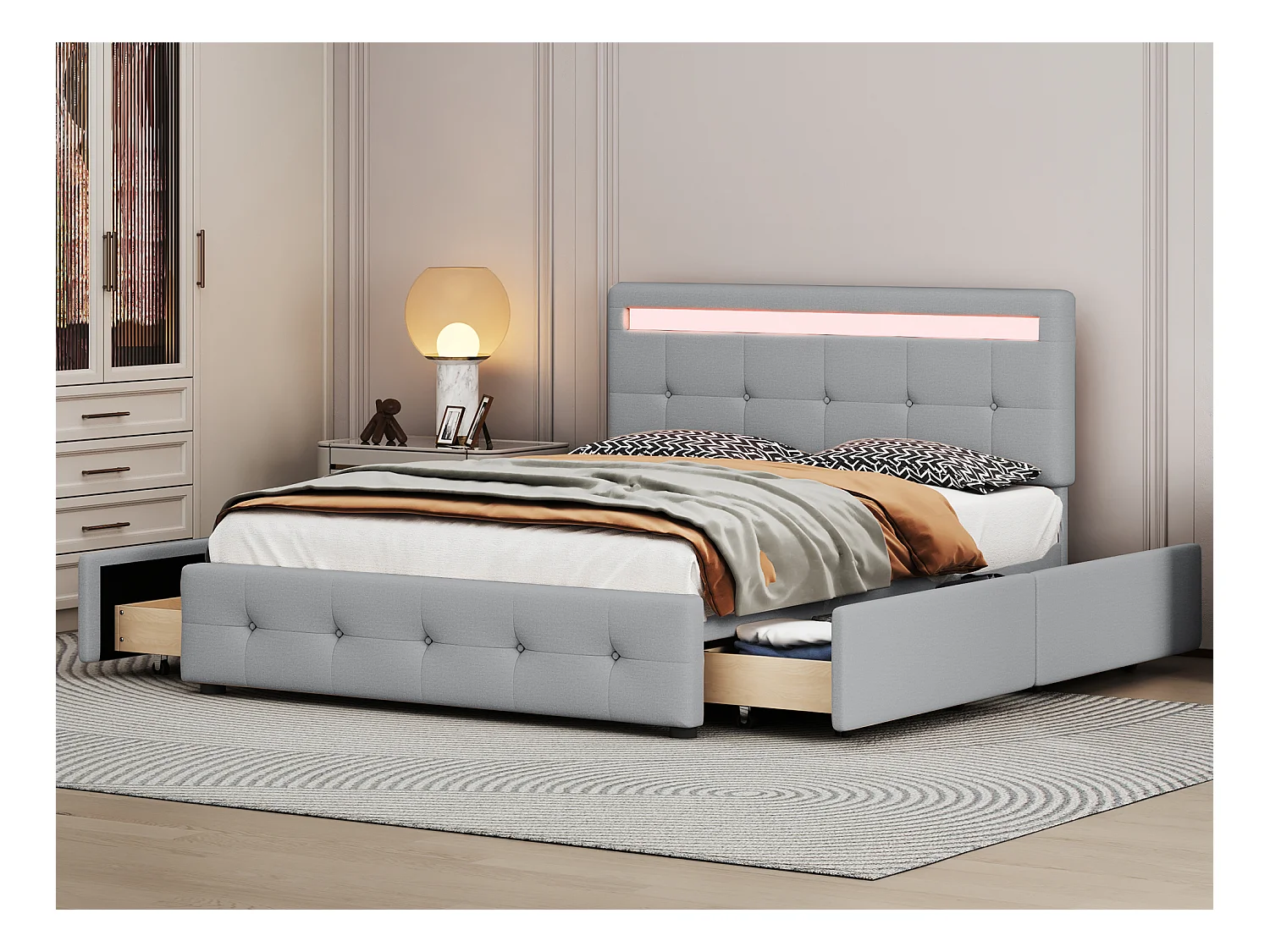 Lit double 140 x 200 cm avec tête de lit et 4 tiroirs - LEDs - tissu en lin - Gris