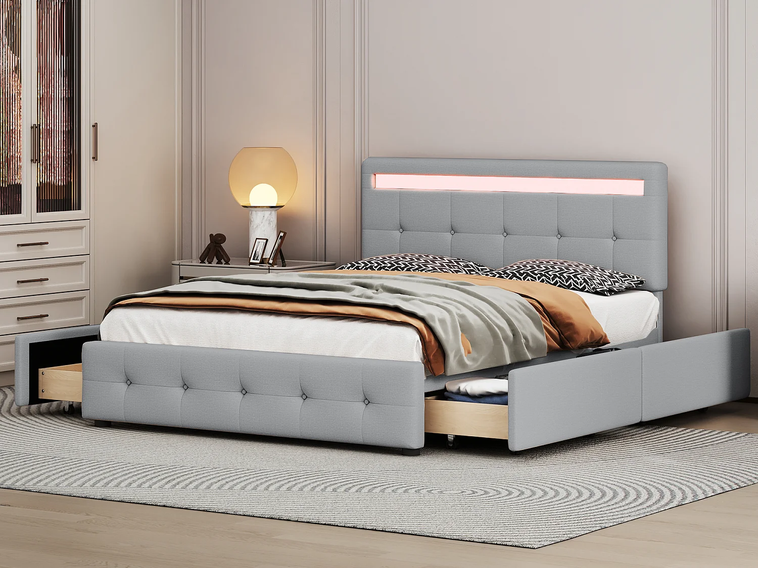 Tweepersoonsbed 140 x 200 cm met hoofdeinde en 4 laden - LED's - linnenstof - Grijs