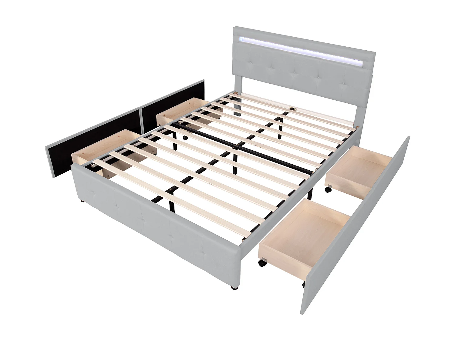 Tweepersoonsbed 140 x 200 cm met hoofdeinde en 4 laden - LED's - linnenstof - Grijs