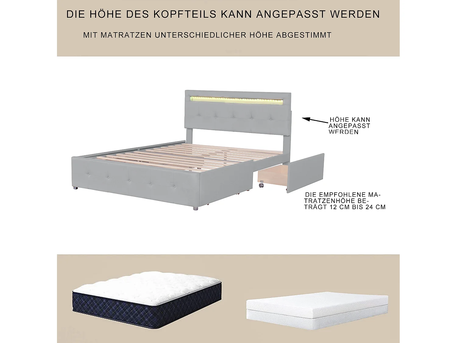 Tweepersoonsbed 140 x 200 cm met hoofdeinde en 4 laden - LED's - linnenstof - Grijs