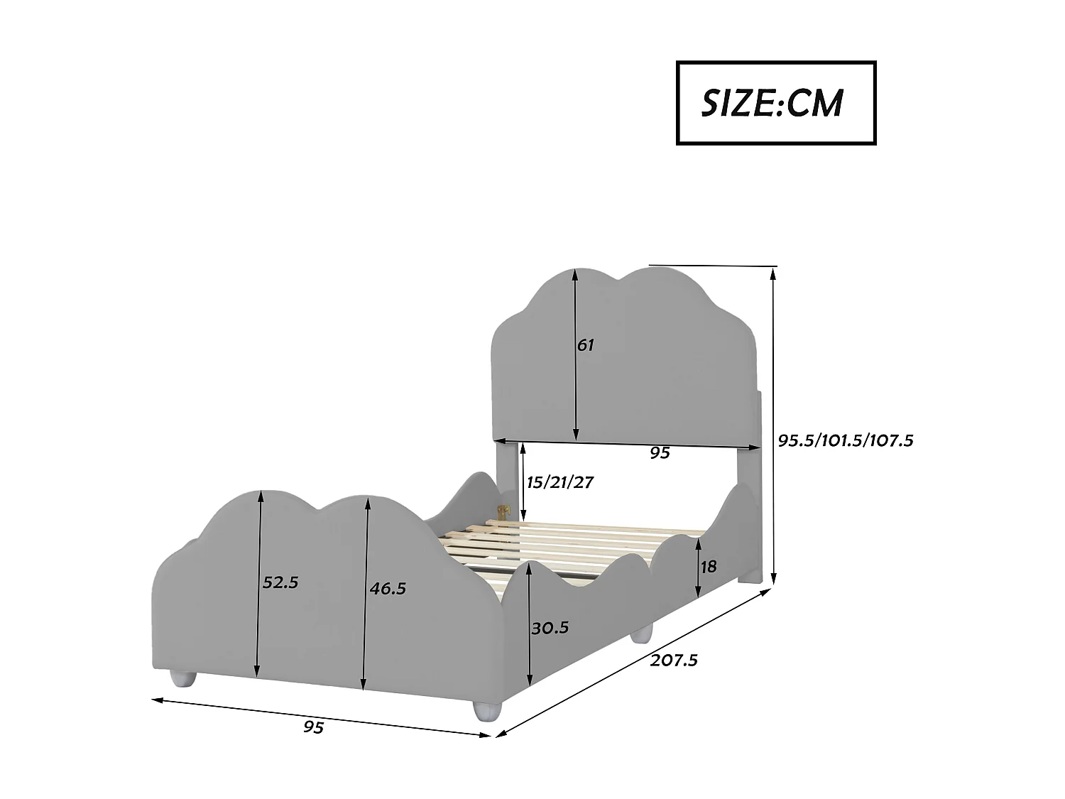 Gepolstertes Kinderbett 90 x 200 cm mit Kopfteil – Samt – Wolkenform – Grau