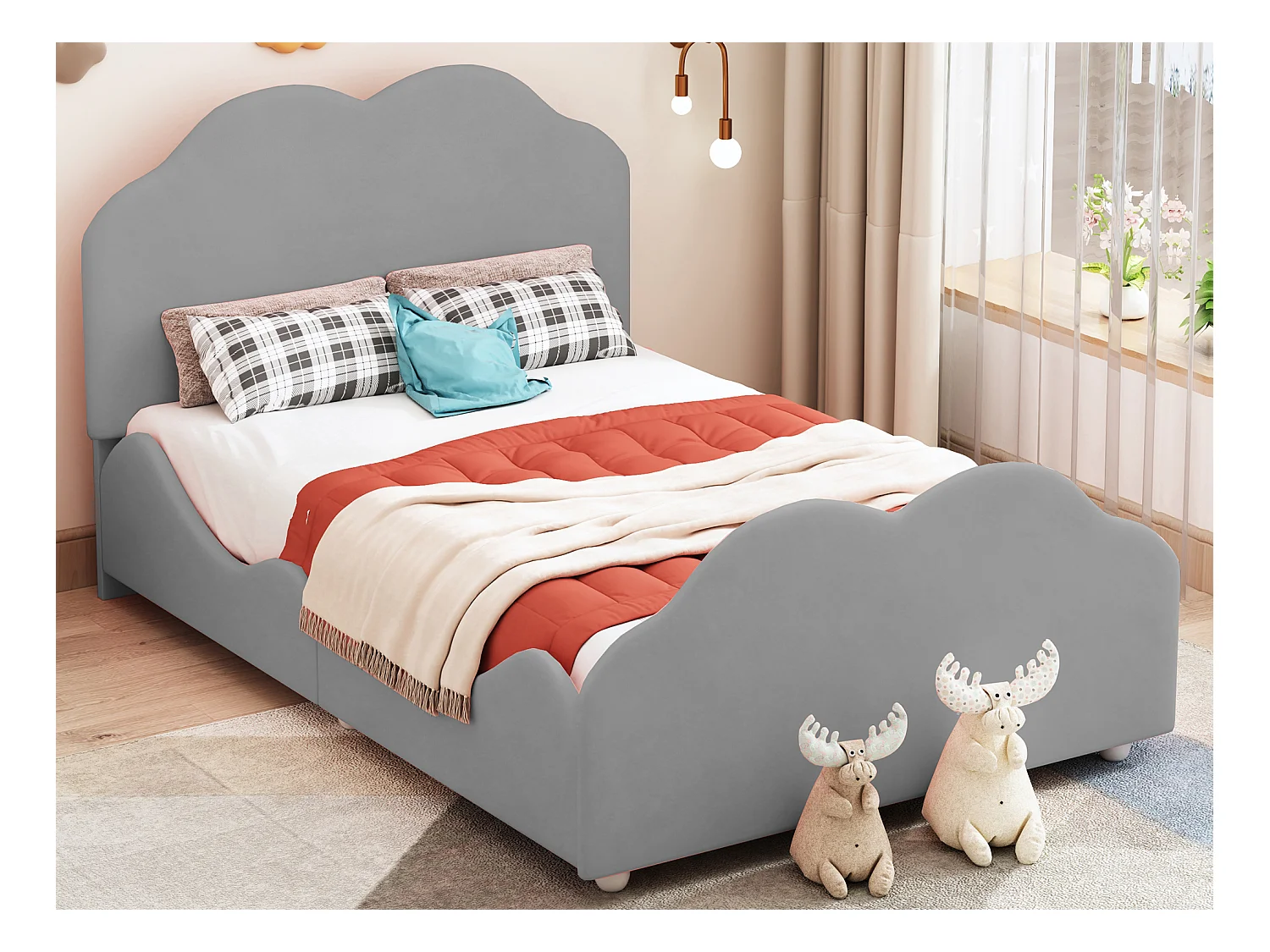 Gepolstertes Kinderbett 90 x 200 cm mit Kopfteil – Samt – Wolkenform – Grau