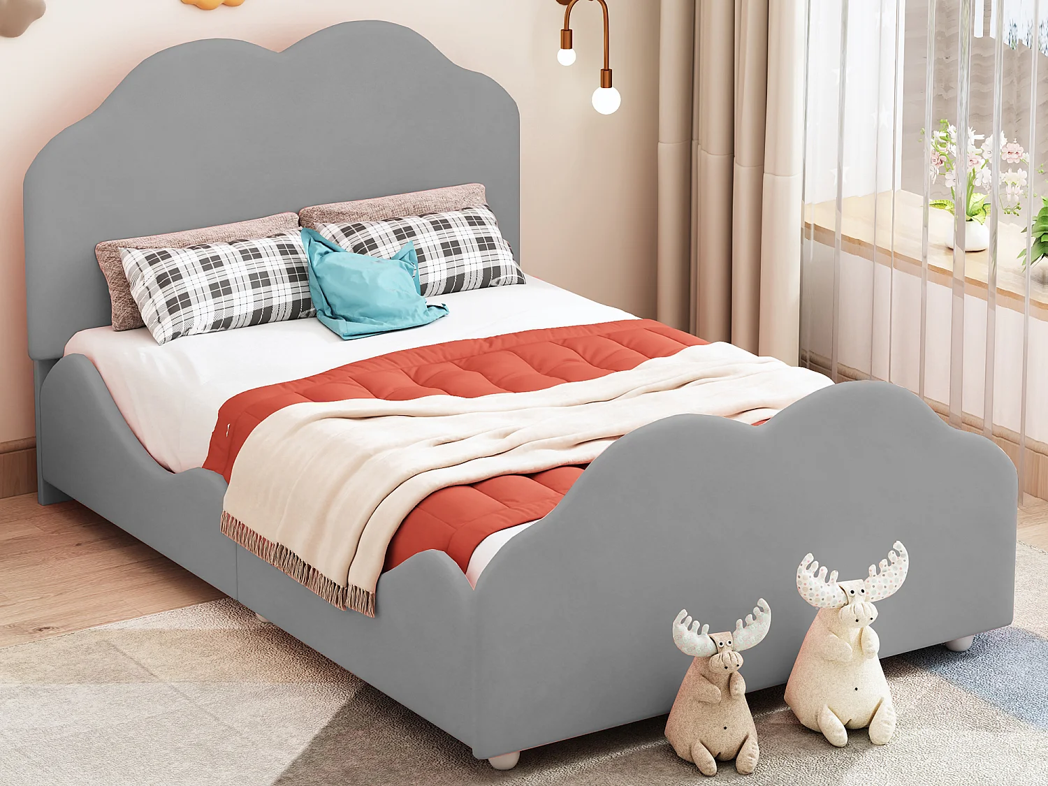 Lit capitonné enfant 90 x 200 cm avec tête de lit - Velours - forme de nuage - Gris