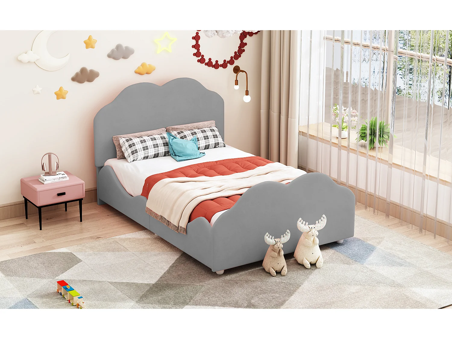 Lit capitonné enfant 90 x 200 cm avec tête de lit - Velours - forme de nuage - Gris