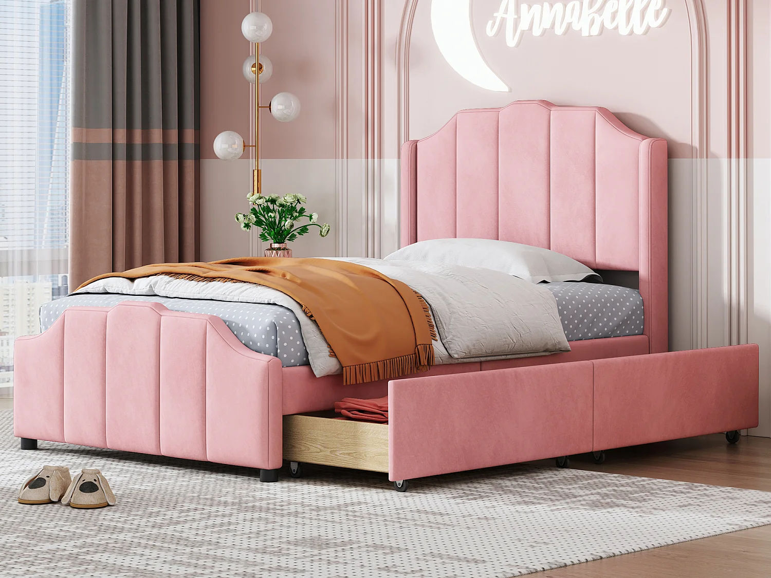 Lit capitonné enfant 90 x 200 cm avec tête de lit et 2 tiroirs - velours - rose