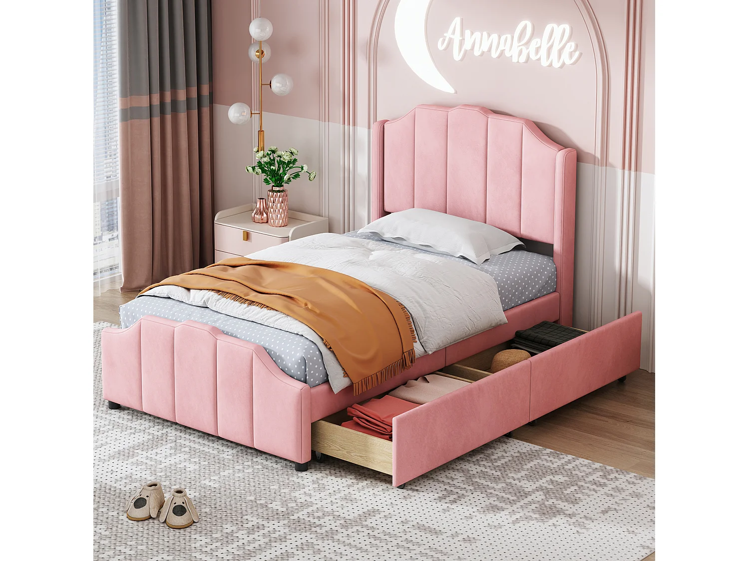 Lit capitonné enfant 90 x 200 cm avec tête de lit et 2 tiroirs - velours - rose