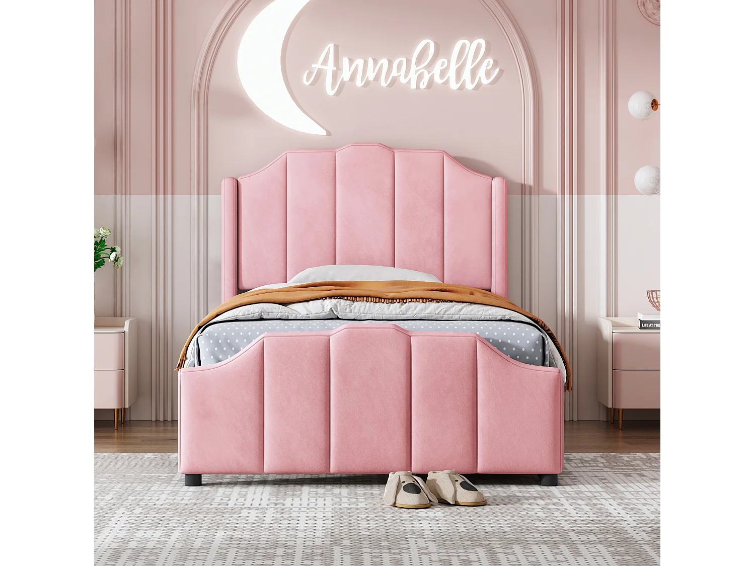 Lit capitonné enfant 90 x 200 cm avec tête de lit et 2 tiroirs - velours - rose