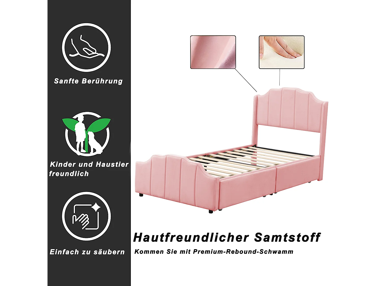 Lit capitonné enfant 90 x 200 cm avec tête de lit et 2 tiroirs - velours - rose