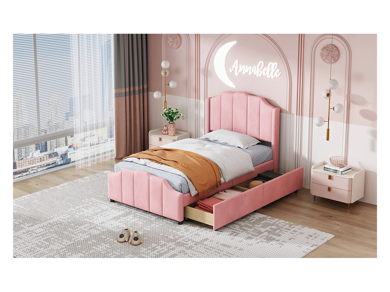 Lit capitonné enfant 90 x 200 cm avec tête de lit et 2 tiroirs - velours - rose