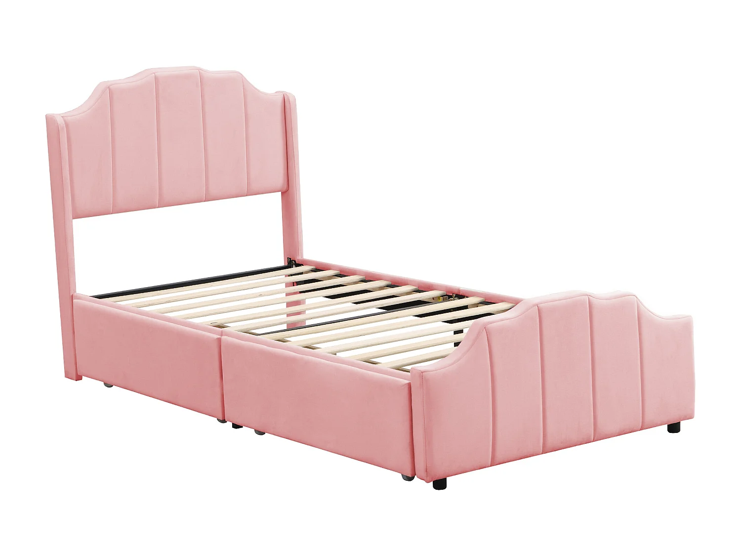 Lit capitonné enfant 90 x 200 cm avec tête de lit et 2 tiroirs - velours - rose