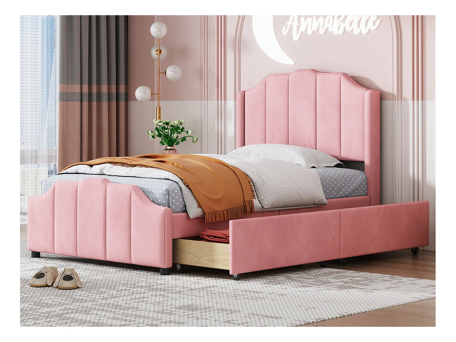 Gepolstertes Kinderbett 90 x 200 cm mit Kopfteil und 2 Schubladen – Samt – Rosa