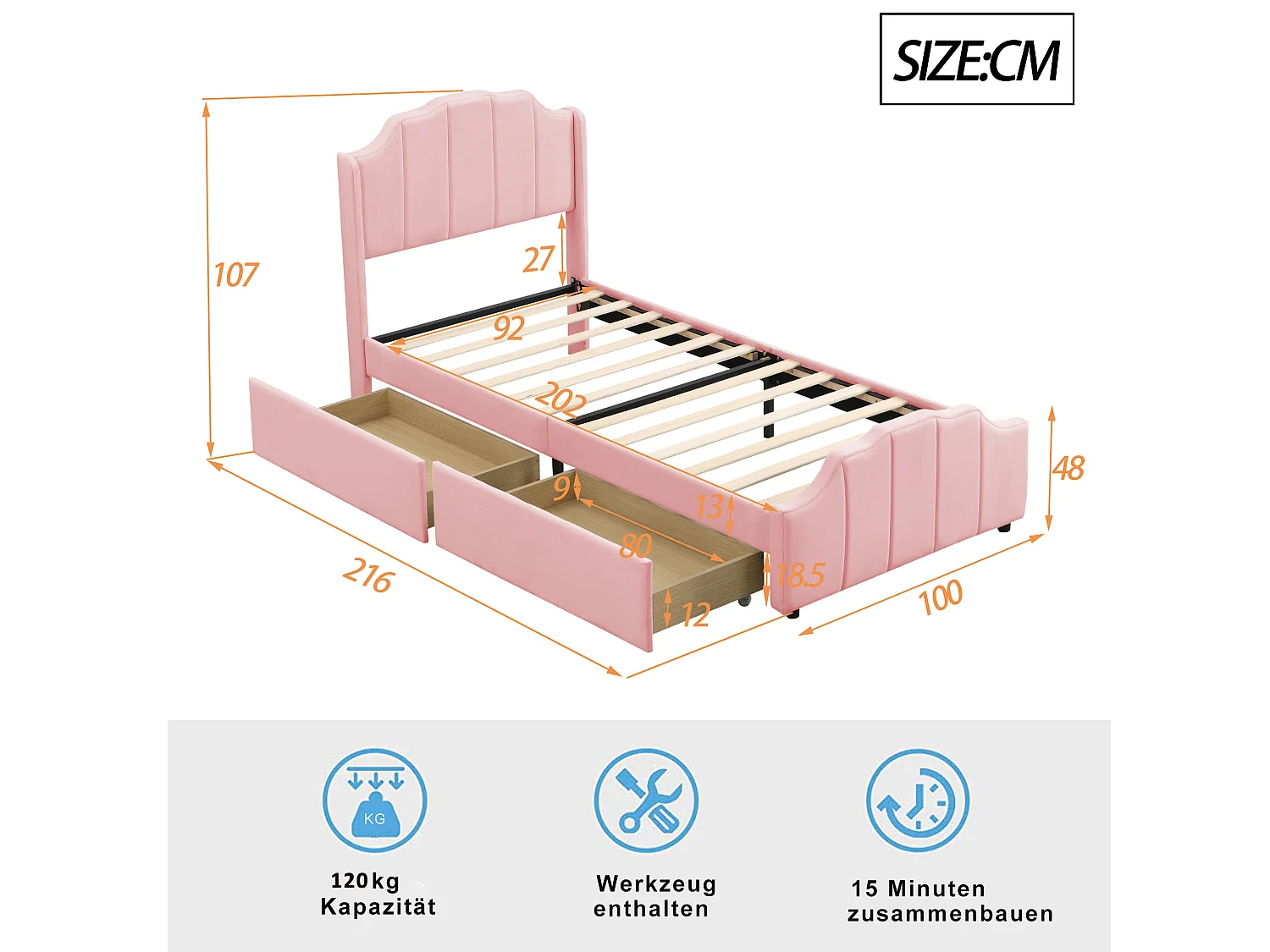 Gepolstertes Kinderbett 90 x 200 cm mit Kopfteil und 2 Schubladen – Samt – Rosa