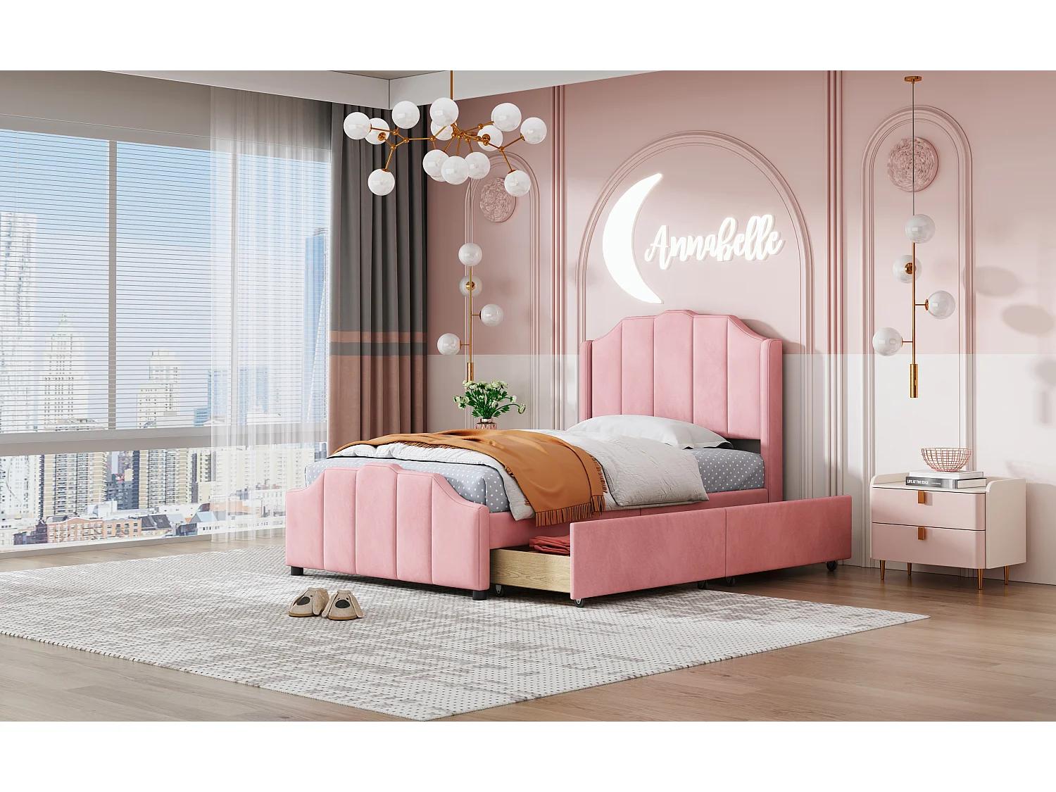 Gepolstertes Kinderbett 90 x 200 cm mit Kopfteil und 2 Schubladen – Samt – Rosa