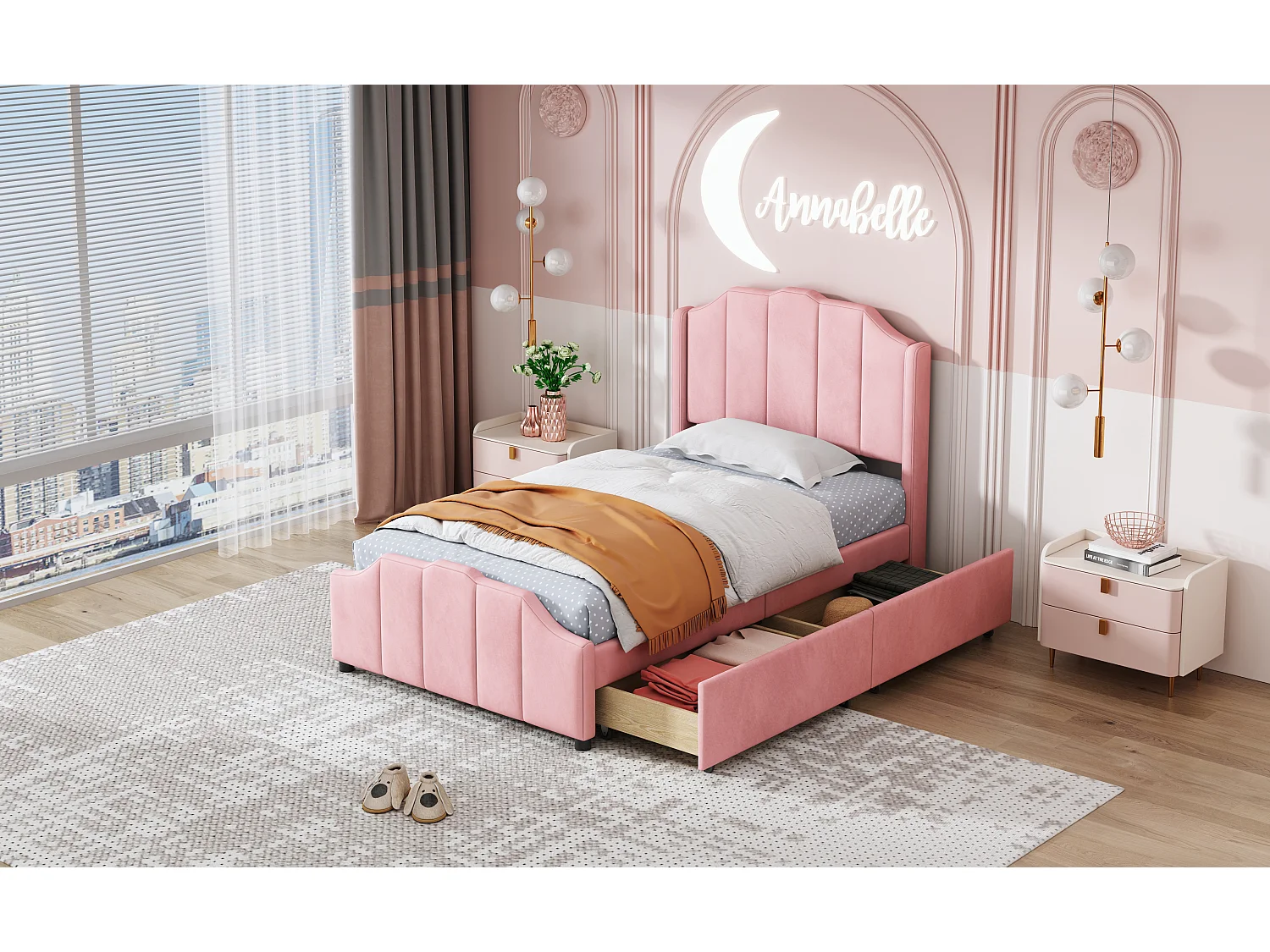 Gepolstertes Kinderbett 90 x 200 cm mit Kopfteil und 2 Schubladen – Samt – Rosa