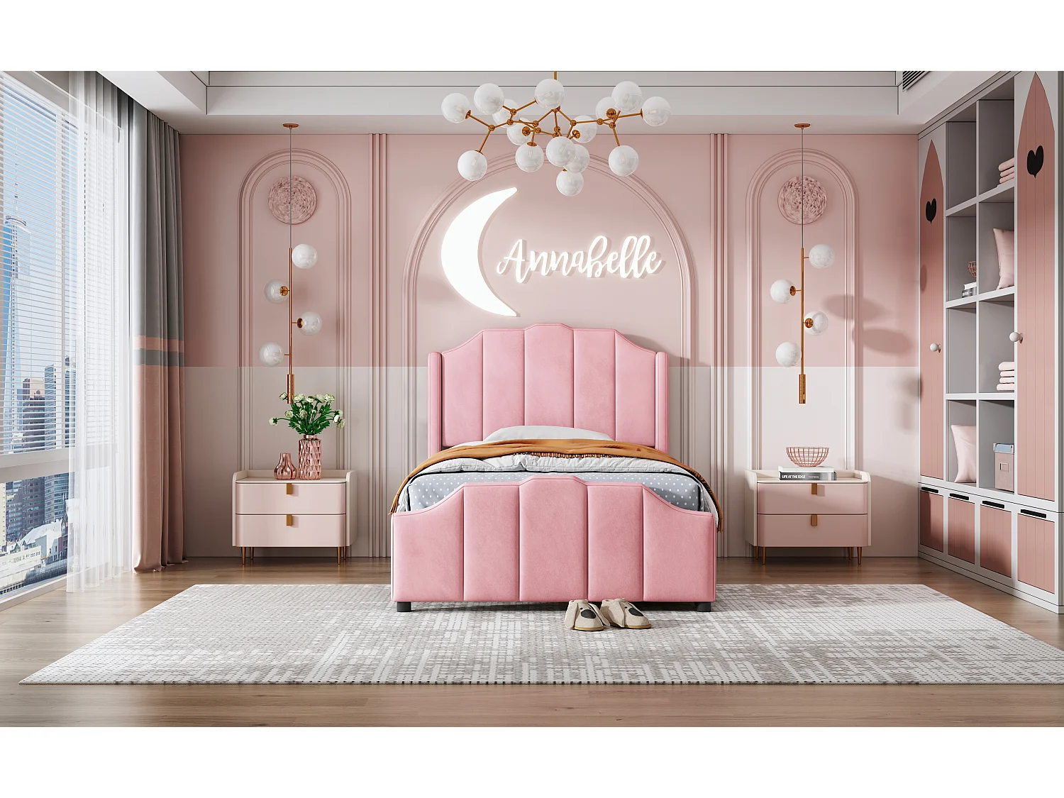 Gepolstertes Kinderbett 90 x 200 cm mit Kopfteil und 2 Schubladen – Samt – Rosa