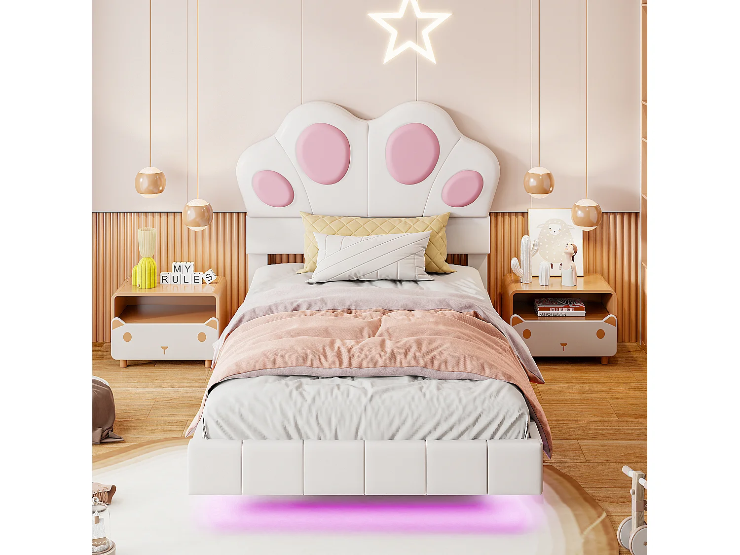 Cama infantil de 90 x 200 cm con forma de pata de gato - Cama flotante - LED - Piel sintética - beige