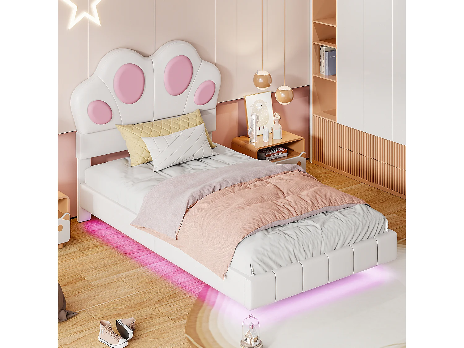 Cama infantil de 90 x 200 cm con forma de pata de gato - Cama flotante - LED - Piel sintética - beige