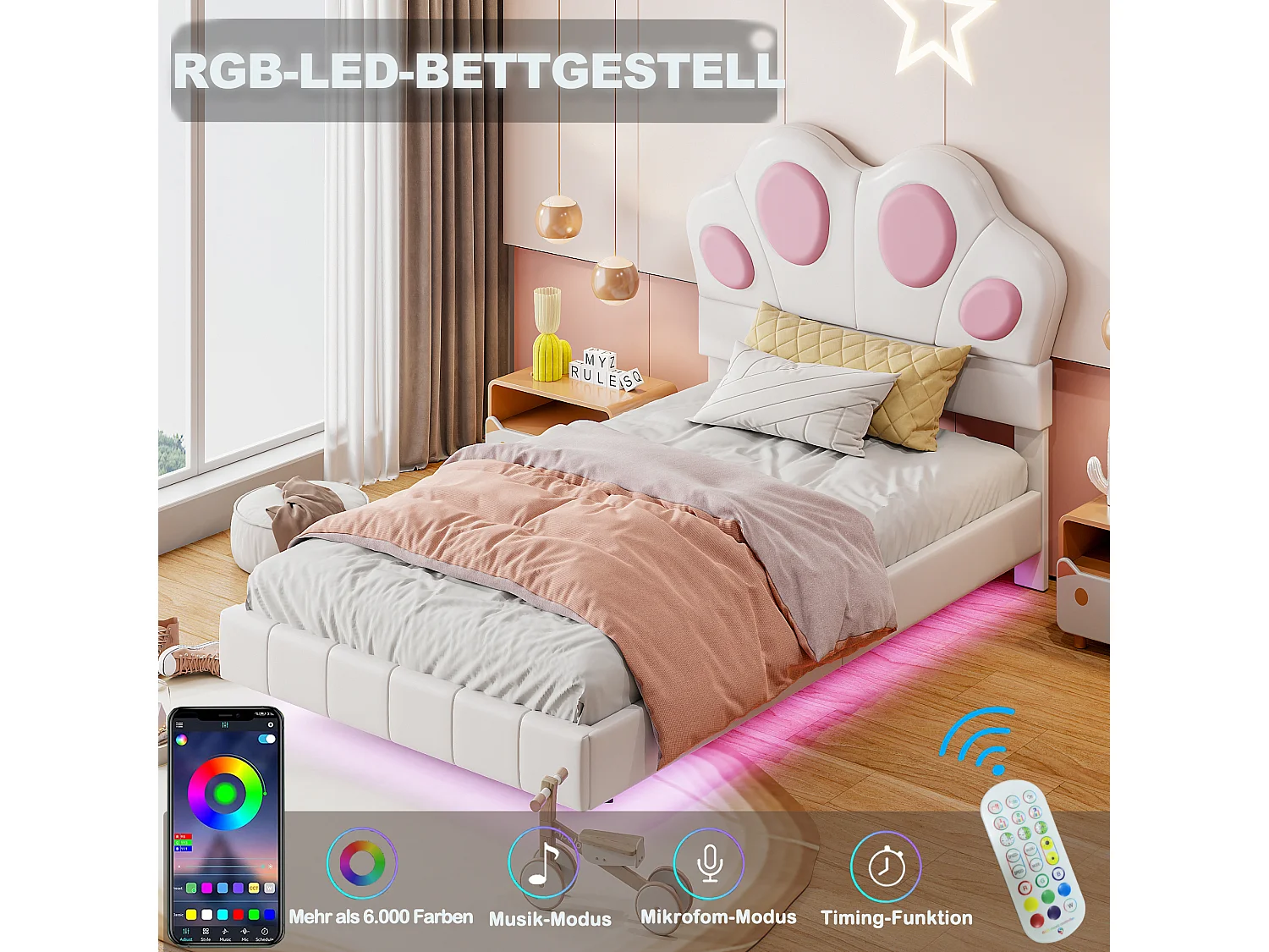 Cama infantil de 90 x 200 cm con forma de pata de gato - Cama flotante - LED - Piel sintética - beige