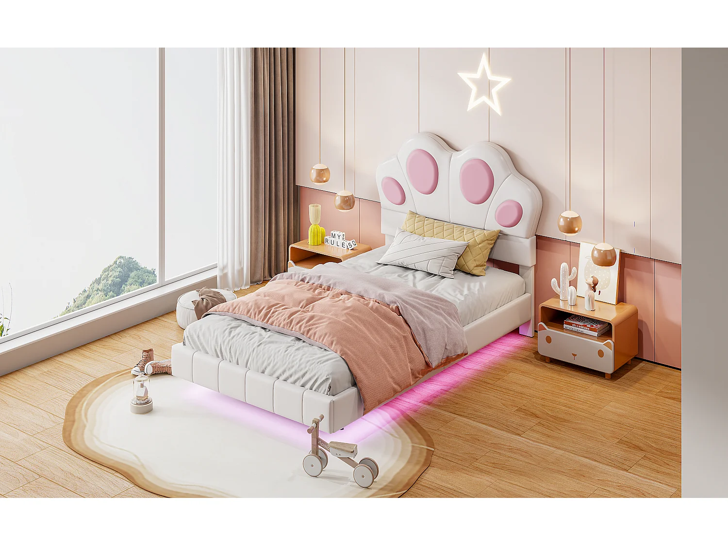 Cama infantil de 90 x 200 cm con forma de pata de gato - Cama flotante - LED - Piel sintética - beige