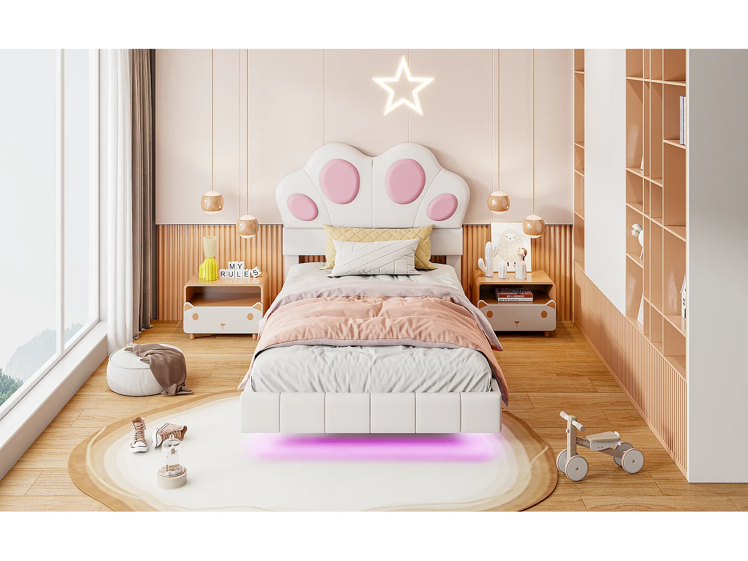 Cama infantil de 90 x 200 cm con forma de pata de gato - Cama flotante - LED - Piel sintética - beige