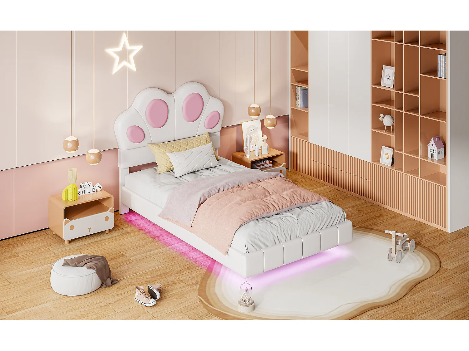 Cama infantil de 90 x 200 cm con forma de pata de gato - Cama flotante - LED - Piel sintética - beige
