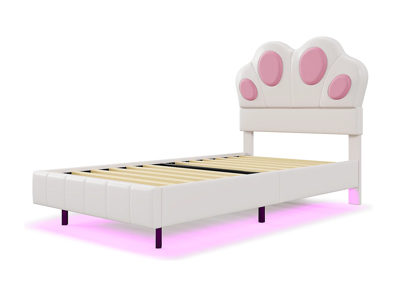 Cama infantil de 90 x 200 cm con forma de pata de gato - Cama flotante - LED - Piel sintética - beige