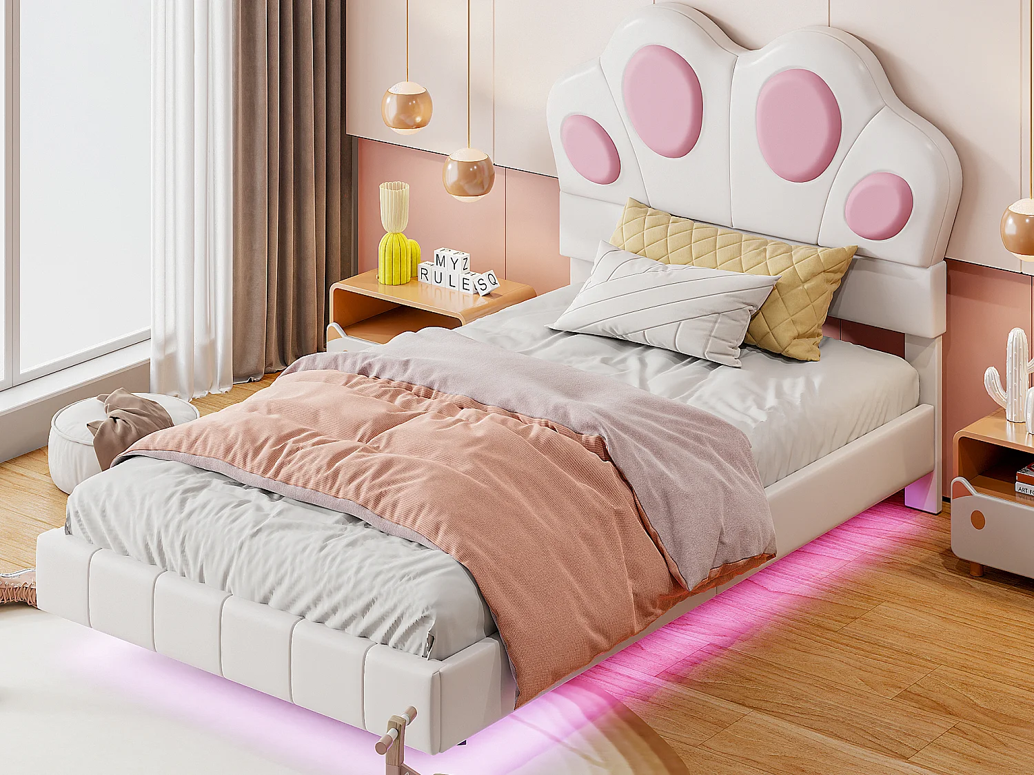 Cama infantil de 90 x 200 cm con forma de pata de gato - Cama flotante - LED - Piel sintética - beige