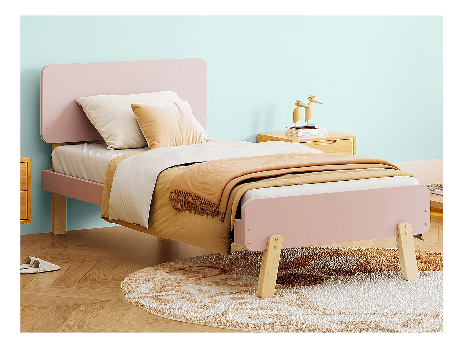 Lit enfant 90 x 190 cm avec tête de lit - bois massif - rose