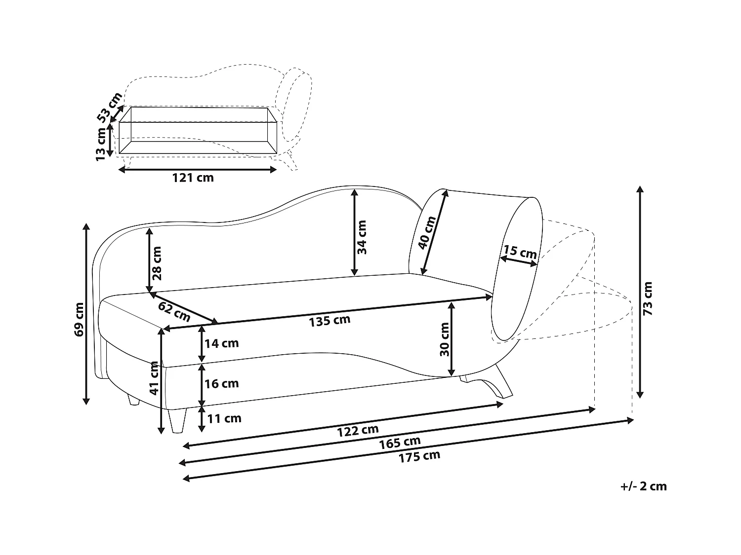 Chaise longue côté droit MERI Velours Noir avec rangement