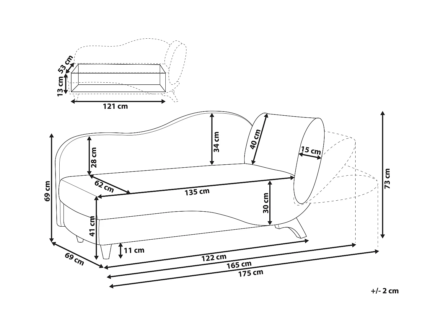 Chaise longue côté droit MERI Velours Noir avec rangement