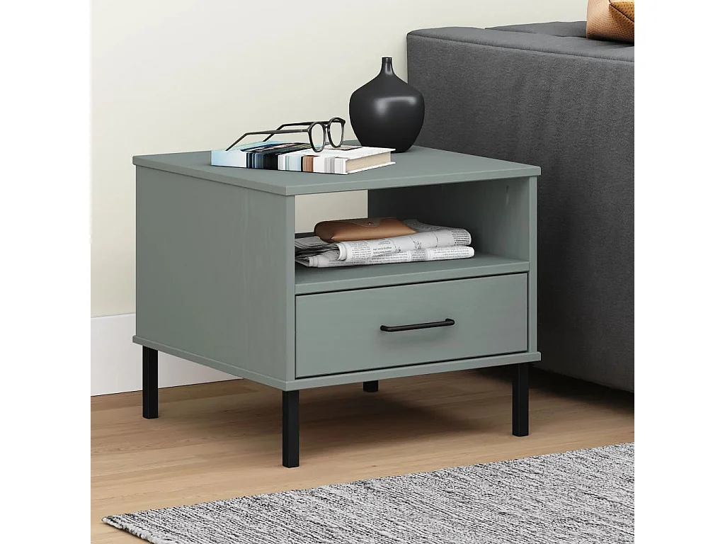 Table de chevet avec pieds en métal Gris Bois pin massif OSLO