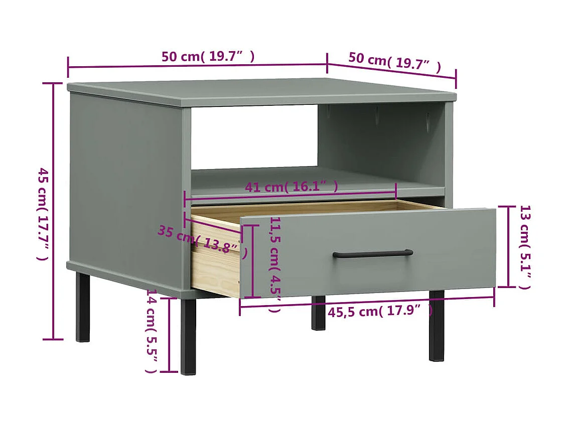 Table de chevet avec pieds en métal Gris Bois pin massif OSLO