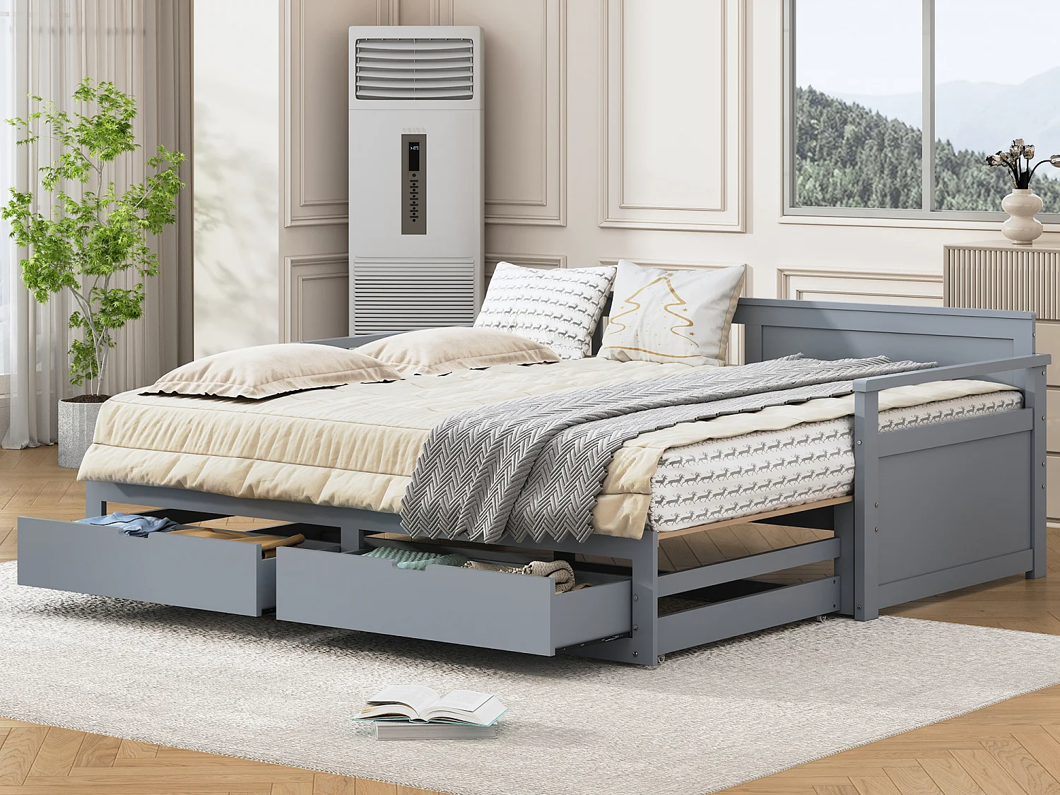 Onderschuifbed 90 x 190 cm/180 x 190 cm met 2 lades - massief hout - grijs