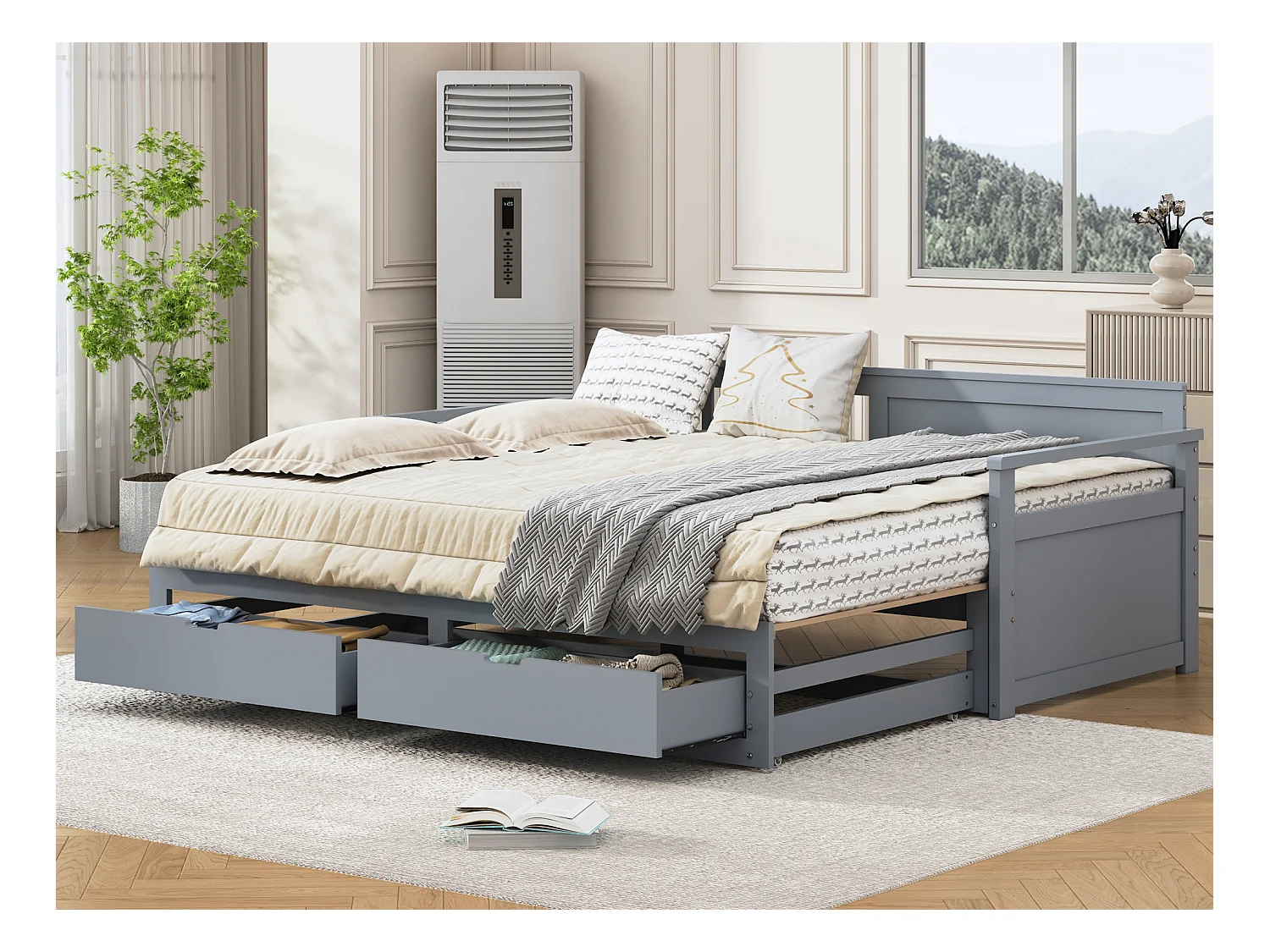 Onderschuifbed 90 x 190 cm/180 x 190 cm met 2 lades - massief hout - grijs