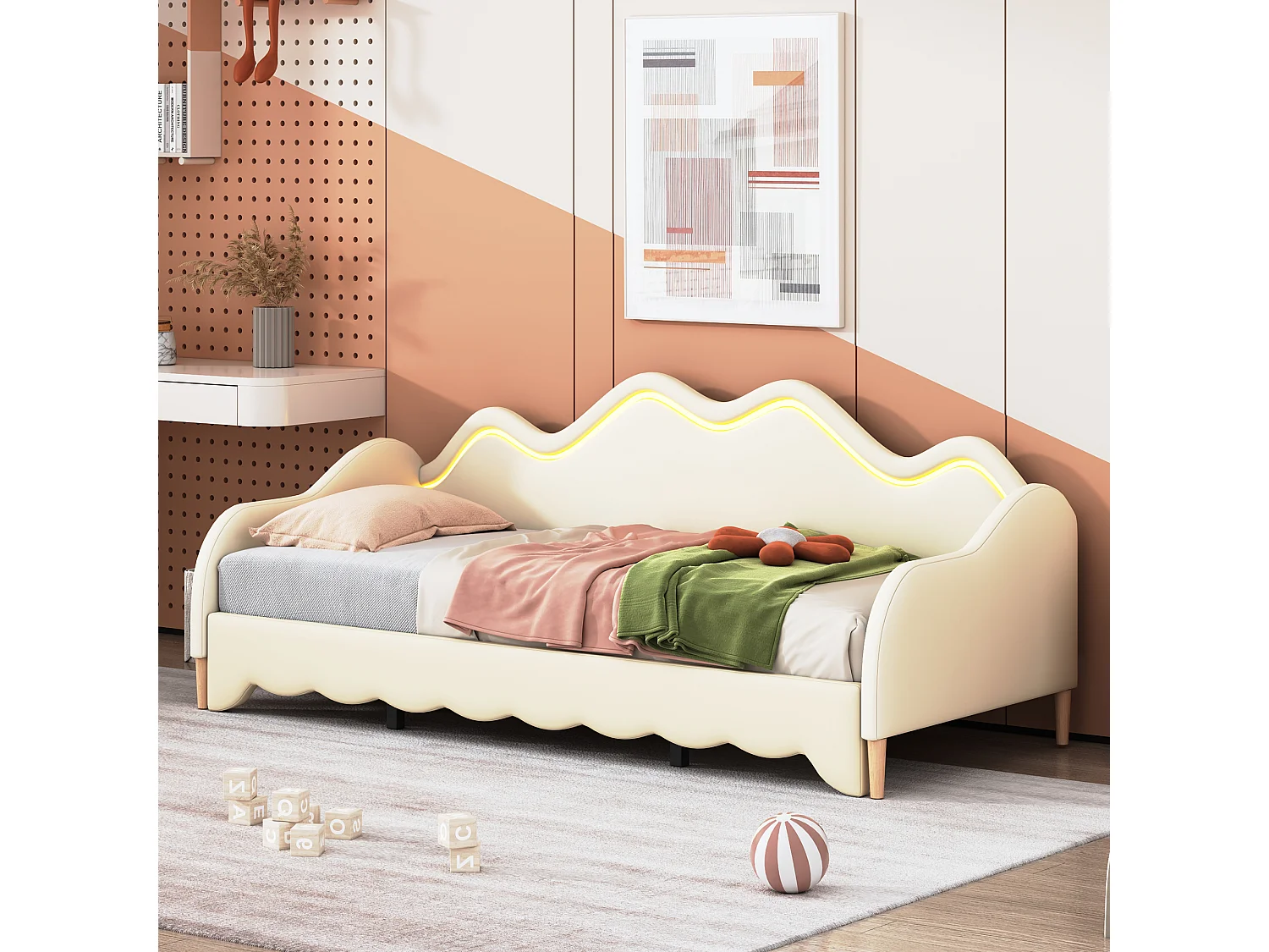 Uitschuifbaar bed 90/180 x 190 cm voor kinderen - Slaapbank - PU leer - LED's - Beige