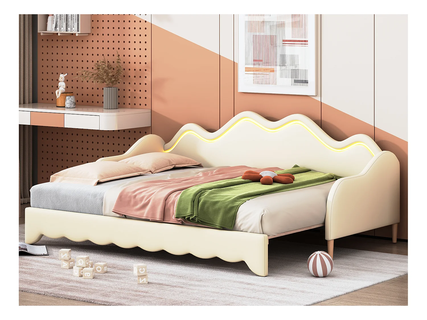 Cama dobrável 90/180 x 190 cm para crianças - Sofá cama - Couro PU - LEDs - Bege