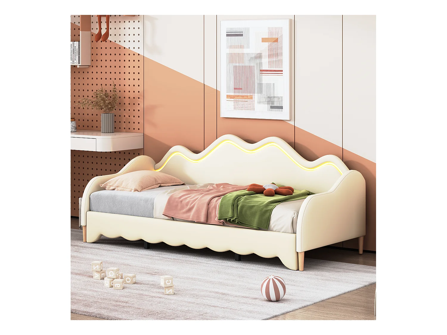 Cama dobrável 90/180 x 190 cm para crianças - Sofá cama - Couro PU - LEDs - Bege